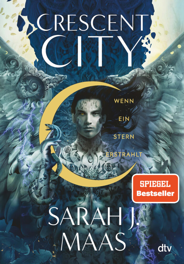 Crescent City Wenn ein Stern erstrahlt Band 2 Sarah J. Maas Blaues Buch Cover mit Figur und Halbmond Sichelmond